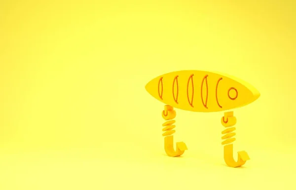 Icona pesca richiamo giallo isolato su sfondo giallo. Attrezzatura da pesca. Concetto minimalista. Illustrazione 3d rendering 3D — Foto Stock