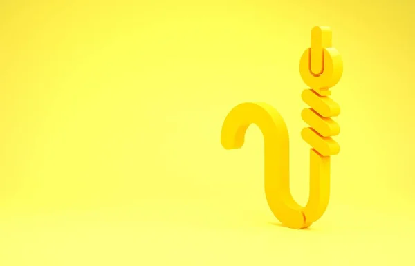 Yellow Fishing hook and worm icon isolated on yellow background. Fishing tackle. Minimalism concept. 3d illustration 3D render — 스톡 사진