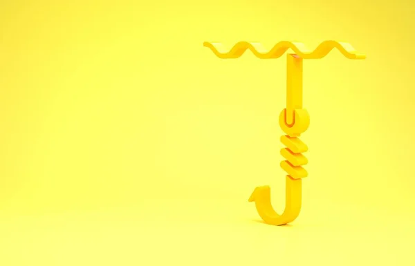 Gancio da pesca giallo sotto l'icona dell'acqua isolato su sfondo giallo. Attrezzatura da pesca. Concetto minimalista. Illustrazione 3d rendering 3D — Foto Stock