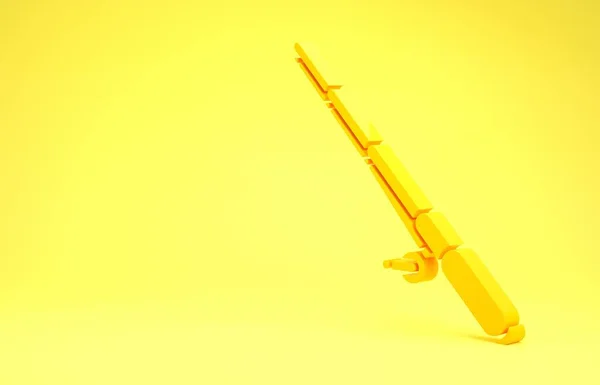 Κίτρινη ράβδος ψαρέματος απομονωμένη σε κίτρινο φόντο. Αλιευτικός εξοπλισμός και θέματα ιχθυοκαλλιέργειας. Μινιμαλιστική έννοια. 3D απεικόνιση 3d καθιστούν — Φωτογραφία Αρχείου