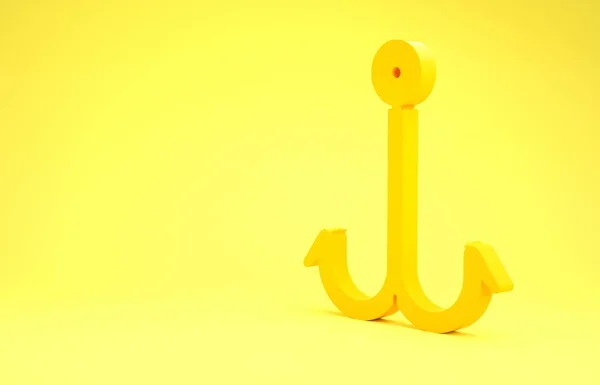 Icône crochet de pêche jaune isolé sur fond jaune. Matériel de pêche. Concept de minimalisme. Illustration 3D rendu 3D — Photo