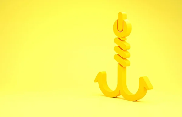 Yellow Fishing hook icon isolated on yellow background. Fishing tackle. Minimalism concept. 3d illustration 3D render — 스톡 사진