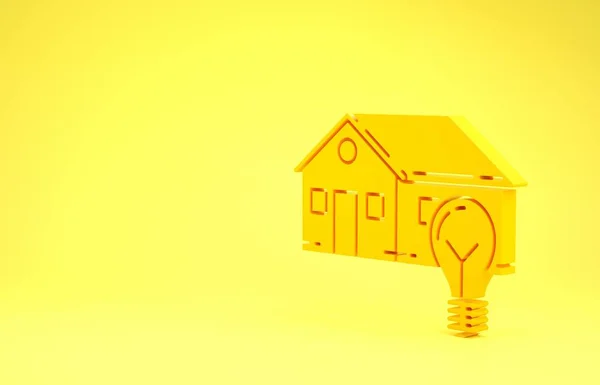 Yellow Smart house and light bulb icon isolated on yellow background. Minimalism concept. 3d illustration 3D render