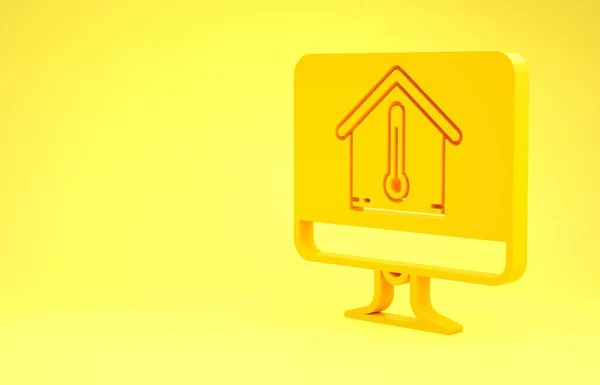 Желтый монитор компьютера с значком температуры дома изолирован на желтом фоне. Значок термометра. Концепция минимализма. 3D-рендеринг — стоковое фото
