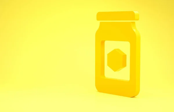 Żółty słoik ikony miodu izolowany na żółtym tle. Bank żywności. Słodkie naturalne jedzenie. Koncepcja minimalizmu. Ilustracja 3d — Zdjęcie stockowe