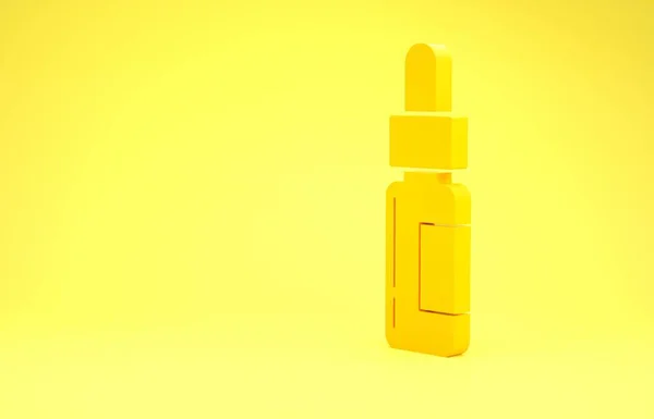 Frasco de vidro amarelo com uma pipeta. Frasco com uma pipeta dentro do ícone isolado no fundo amarelo. Recipiente para produtos médicos e cosméticos. Conceito de minimalismo. 3D ilustração 3D render — Fotografia de Stock