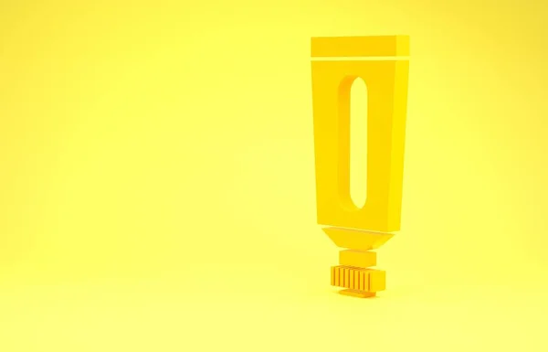 Icono de tubo cosmético de crema o loción amarilla aislado sobre fondo amarillo. Productos para el cuidado del cuerpo para hombres. Concepto minimalista. 3D ilustración 3D render —  Fotos de Stock