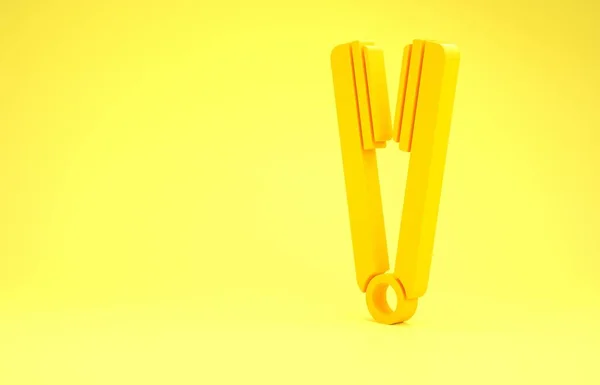 Kuning Curling besi untuk ikon rambut terisolasi pada latar belakang kuning. Ikon garis lurus rambut. Konsep minimalisme. Tampilan 3D ilustrasi 3d — Stok Foto