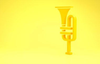 Sarı enstrümanlı trompet ikonu sarı arka planda izole edildi. Minimalizm kavramı. 3d illüstrasyon 3d canlandırma