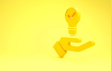 Sarı arkaplanda sarı ışık ikonu var. Fikir kavramı. Minimalizm kavramı. 3d illüstrasyon 3d canlandırma