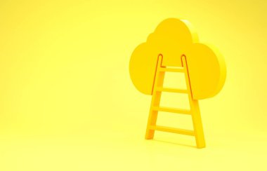 Sarı Merdiven sarı arkaplandaki bulut simgesine gidiyor. Buluta çıkan merdivenler. Minimalizm kavramı. 3d illüstrasyon 3d canlandırma