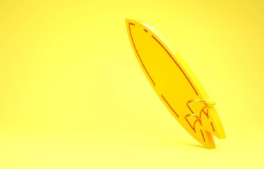 Sarı arkaplanda sarı sörf tahtası simgesi izole edildi. Sörf tahtası. Olağanüstü bir spor. Spor malzemeleri. Minimalizm kavramı. 3d illüstrasyon 3d canlandırma