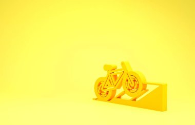 Sarı bisiklet, sarı arka planda izole edilmiş sokak rampası ikonu. Kaykay parkı. Olağanüstü bir spor. Spor malzemeleri. Minimalizm kavramı. 3d illüstrasyon 3B canlandırma