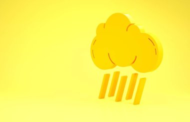 Sarı arkaplanda izole edilmiş yağmur ikonu olan Sarı Bulut. Yağmur damlaları ile yağmur bulutu yağışı. Minimalizm kavramı. 3d illüstrasyon 3B canlandırma