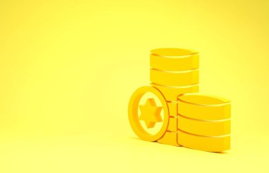 Sarı arkaplanda izole edilmiş sarı Yahudi madeni para ikonu. Para birimi sembolü. Minimalizm kavramı. 3d illüstrasyon 3B canlandırma