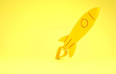 Sarı arka planda ateş ikonu olan sarı roket gemisi. Uzay yolculuğu. Minimalizm kavramı. 3d illüstrasyon 3d canlandırma