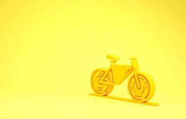 Sarı arka planda izole edilmiş sarı bisiklet simgesi. Bisiklet yarışı. Olağanüstü bir spor. Spor malzemeleri. Minimalizm kavramı. 3d illüstrasyon 3B canlandırma
