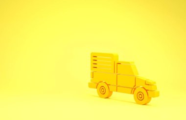 Sarı kargo kamyonu ikonu sarı arka planda izole edildi. Minimalizm kavramı. 3d illüstrasyon 3d canlandırma