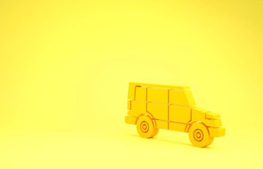 Sarı off road car ikonu sarı arka planda izole edildi. Cip işareti. Minimalizm kavramı. 3d illüstrasyon 3d canlandırma