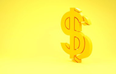 Sarı arka planda izole edilmiş sarı dolar sembolü. Nakit ve para, servet, ödeme sembolü. Kumarhane kumarı. Minimalizm kavramı. 3d illüstrasyon 3d canlandırma