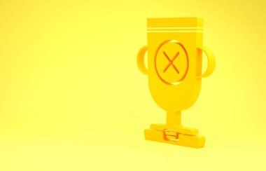 Sarı ödüllü kupa ikonu sarı arkaplanda izole edilmiş. Galibiyet ödülü sembolü. Şampiyonluk ya da yarışma kupası. Spor başarısı işareti. Minimalizm kavramı. 3d illüstrasyon 3d canlandırma