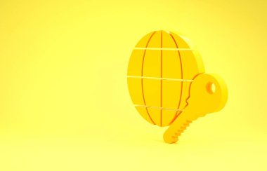 Sarı Globe anahtar simgesi sarı arkaplanda izole edildi. Minimalizm kavramı. 3d illüstrasyon 3d canlandırma
