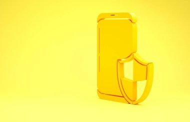Yellow Smartphone, mobile phone with security shield icon isolated on yellow background. Security, Security, safety, protection concept. Minimalism concept. 3d illustration 3D render