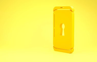 Sarı arkaplanda kilit simgesi olan sarı akıllı telefon. Kilitli telefon. Gezici güvenlik, güvenlik, koruma konsepti. Minimalizm kavramı. 3d illüstrasyon 3d canlandırma