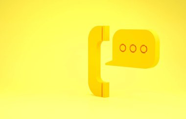 Sarı arkaplanda izole edilmiş konuşma balonu sohbet ikonu olan sarı telefon. Müşteri hizmetleri, yardım hattı, çağrı merkezi, faq, bakım. Minimalizm kavramı. 3d illüstrasyon 3d canlandırma