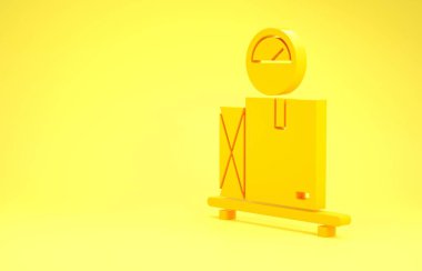 Sarı zemin üzerinde karton kutu simgesi olan sarı ölçekli. Lojistik ve teslimat. Dağıtım paketinin ağırlığı bir ölçekte. Minimalizm kavramı. 3d illüstrasyon 3d canlandırma
