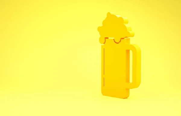 Žluté sklo s ikonou piva izolované na žlutém pozadí. Minimalismus. 3D ilustrace 3D vykreslení — Stock fotografie