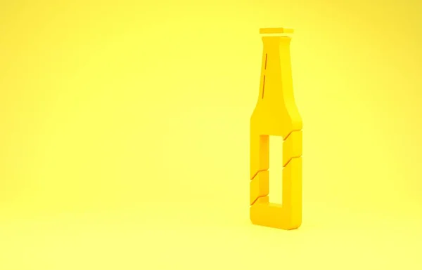 Жовта пляшка пива ізольована на жовтому тлі. Концепція мінімалізму. 3D ілюстрація 3D рендеринга — стокове фото