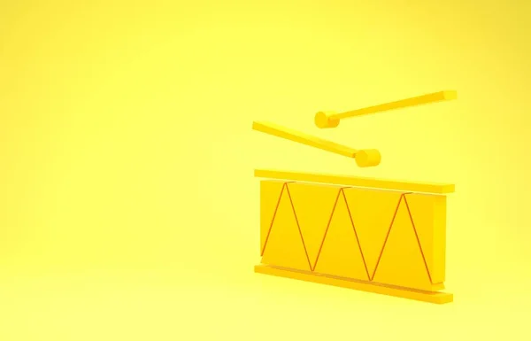 Giallo Strumento musicale tamburo e bacchette isolate su sfondo giallo. Concetto minimalista. Illustrazione 3d rendering 3D — Foto Stock