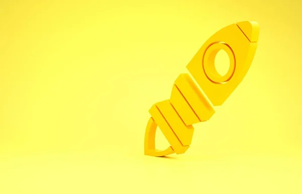 Navio Foguete Amarelo com ícone de fogo isolado no fundo amarelo. Viagem espacial. Conceito de minimalismo. 3D ilustração 3D render — Fotografia de Stock