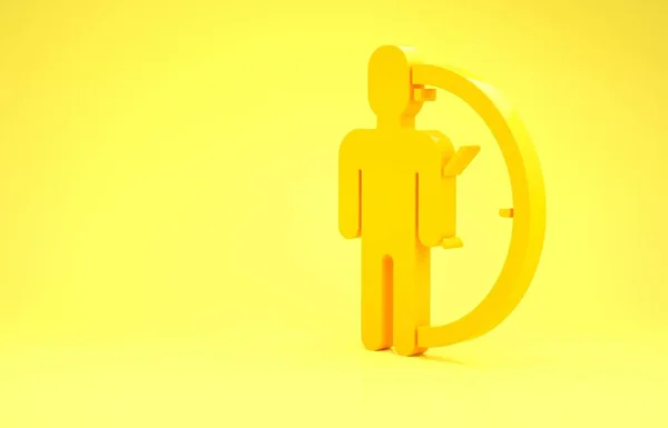 Ікона "Жовтого часу" ізольована на жовтому тлі. Годинник і знак передачі. Символ продукції. Концепція мінімалізму. 3D-рендеринг — стокове фото