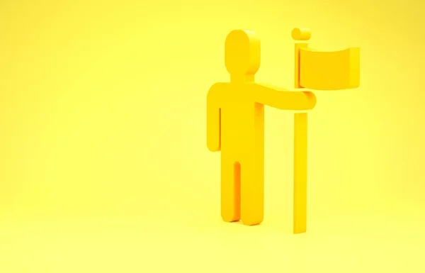 Yellow Man holding flag icon isolated on yellow background. Minimalism concept. 3d illustration 3D render — 스톡 사진