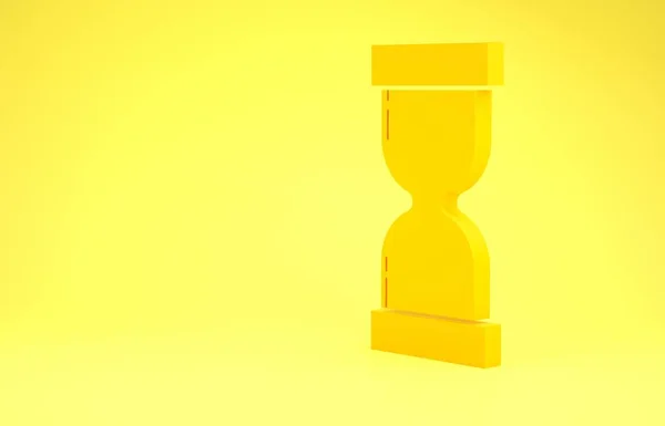 Reloj de arena amarillo viejo con el icono de arena que fluye aislado en el fondo amarillo. Señal de reloj de arena. Concepto de negocio y gestión del tiempo. Concepto minimalista. 3D ilustración 3D render — Foto de Stock