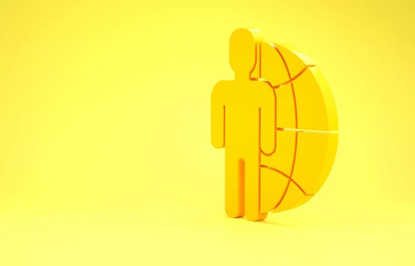 Sárga Globe és az emberek ikon elszigetelt sárga alapon. Globális üzleti szimbólum. Közösségi hálózati ikon. Minimalizmus koncepció. 3d illusztráció 3d render — Stock Fotó