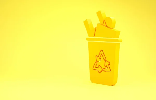 Żółty kosz na śmieci z ikoną symbolu recyklingu izolowaną na żółtym tle. Ikona kosza na śmieci. Znak śmietnika. Znak kosza na śmieci. Koncepcja minimalizmu. Ilustracja 3d — Zdjęcie stockowe
