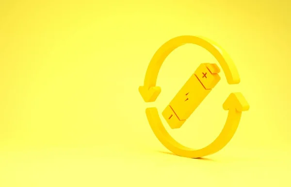 Batterie jaune avec icône de ligne de symbole de recyclage isolé sur fond jaune. Batterie avec symbole de recyclage - concept d'énergie renouvelable. Concept de minimalisme. Illustration 3D rendu 3D — Photo