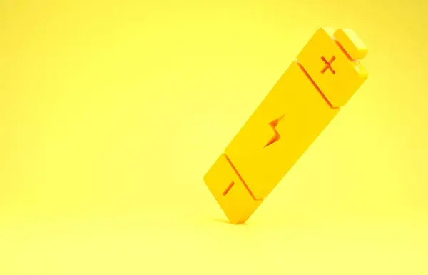 Yellow Battery icon isolated on yellow background. Lightning bolt symbol. Minimalism concept. 3d illustration 3D render — Stock Photo, Image