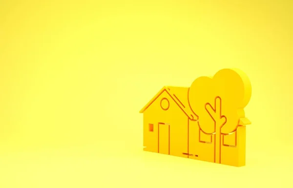 Icono amarillo Eco casa amigable aislado sobre fondo amarillo. Eco casa con árbol. Concepto minimalista. 3D ilustración 3D render —  Fotos de Stock