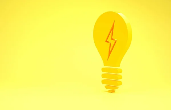 Gul glödlampa med blixt symbol ikon isolerad på gul bakgrund. Ljusskylt. Idé symbol. Minimalistiskt koncept. 3D-illustration 3D-återgivning — Stockfoto