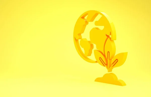 Tierra amarilla globo y planta icono aislado sobre fondo amarillo. Signo del mundo o la Tierra. Formas geométricas. Concepto ambiental. Concepto minimalista. 3D ilustración 3D render — Foto de Stock