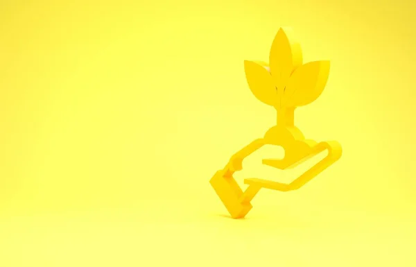 Plante jaune en main de l'icône de protection de l'environnement isolé sur fond jaune. Semence et semis. Planter des plantules. Concept d'écologie. Concept de minimalisme. Illustration 3D rendu 3D — Photo