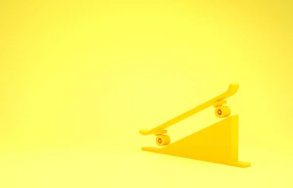 Жовтий скейтборд на значку вуличної рампи ізольовано на жовтому тлі. Екстремальний спорт. Спортивне обладнання. Концепція мінімалізму. 3D ілюстрація 3D рендеринга — стокове фото
