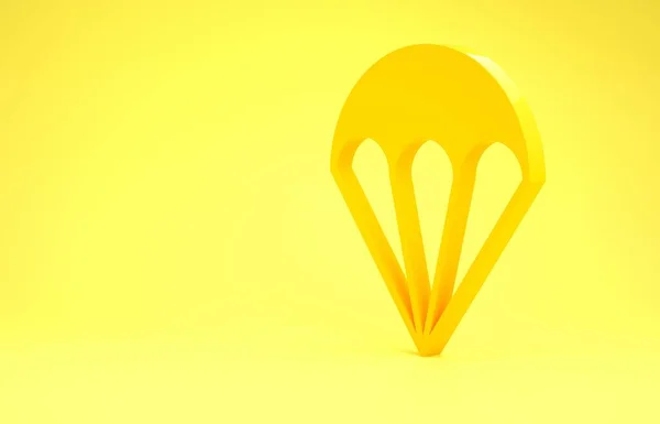 Gelbes Fallschirmsymbol isoliert auf gelbem Hintergrund. Extremsport. Sportgeräte. Minimalismus-Konzept. 3D Illustration 3D Renderer — Stockfoto