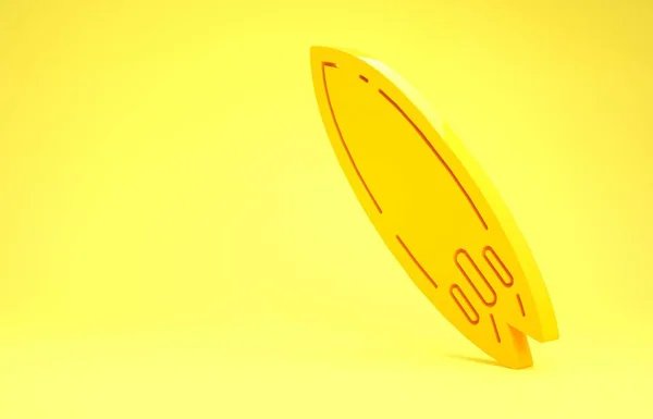 Sarı arkaplanda sarı sörf tahtası simgesi izole edildi. Sörf tahtası. Olağanüstü bir spor. Spor malzemeleri. Minimalizm kavramı. 3d illüstrasyon 3d canlandırma — Stok fotoğraf