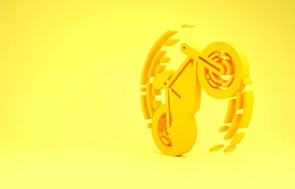 Gelbes Fahrrad-Trick-Symbol auf gelbem Hintergrund. Radrennen. Extremsport. Sportgeräte. Minimalismus-Konzept. 3D Illustration 3D Renderer — Stockfoto