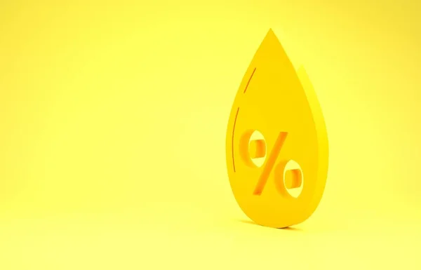Ícone de porcentagem de gota de água amarela isolado no fundo amarelo. Análise da humidade. Conceito de minimalismo. 3D ilustração 3D render — Fotografia de Stock